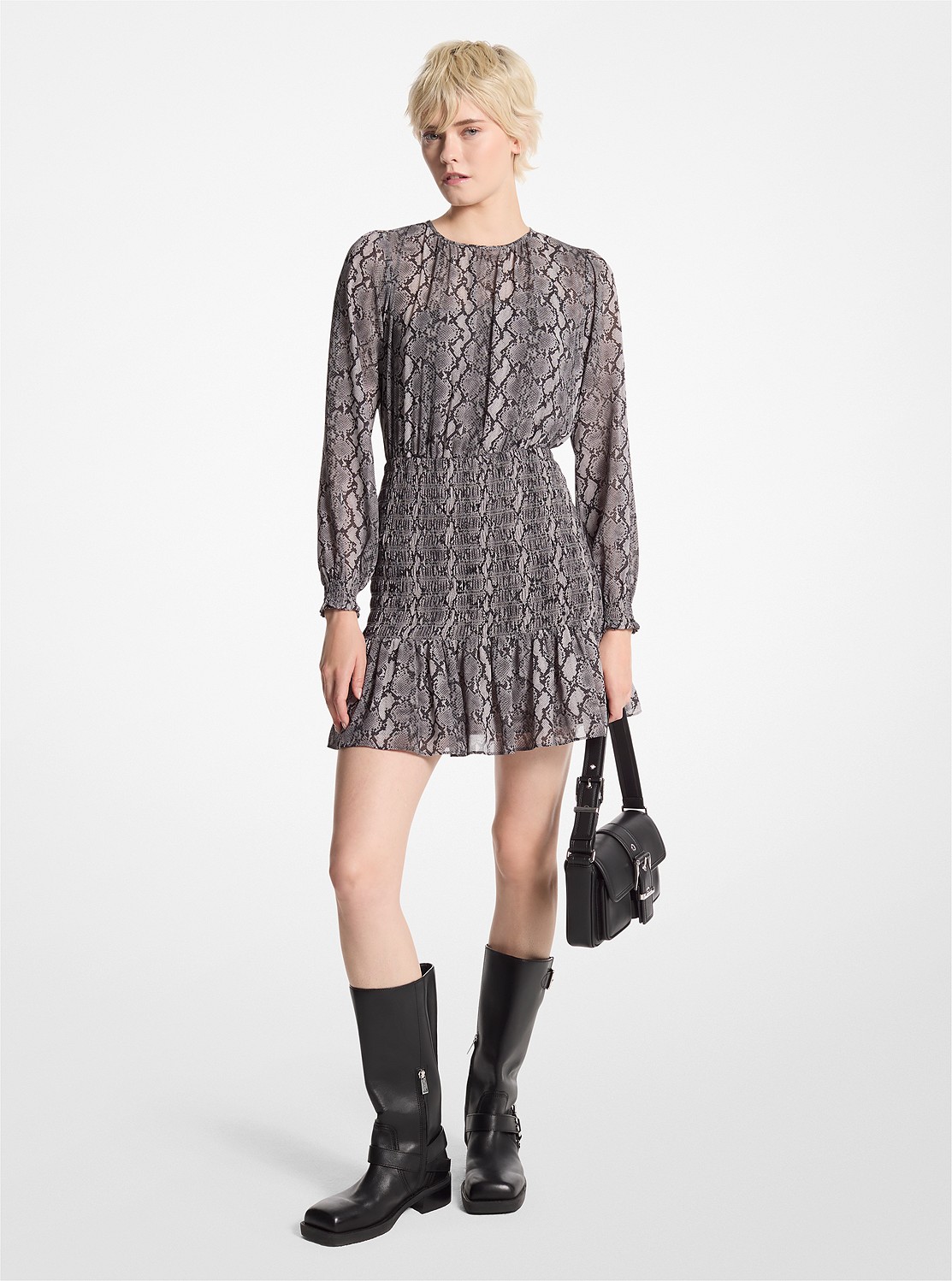 MICHAEL KORS SNAKE PRINT GEORGETTE SMOCKED ΦΟΡΕΜΑ